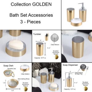 “Brushed gold bathroom accessories set with feature details and dimensions”