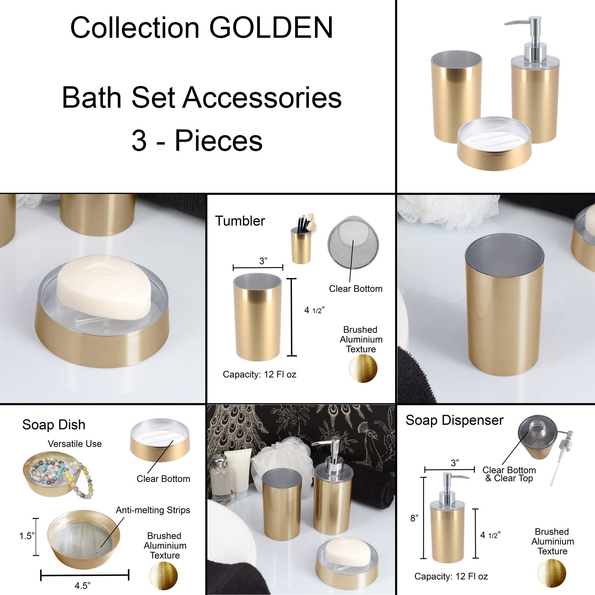 “Brushed gold bathroom accessories set with feature details and dimensions”