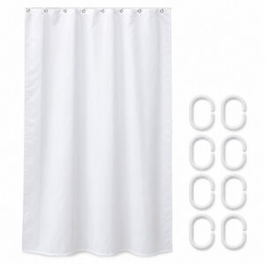 White stall shower curtain 48 x 72 inches with 8 white C-shaped plastic rings on a white background