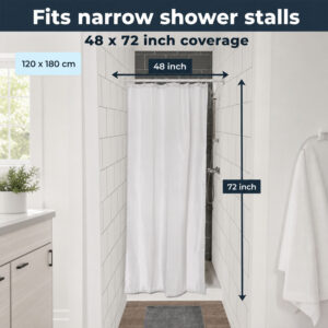 Narrow white shower curtain in a shower stall with 48 inch width and 72 inch height dimension arrows
