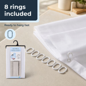 8 white C-shaped shower curtain rings beside a folded white polyester curtain and its retail package
