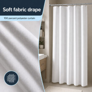Soft white polyester fabric close-up beside a full white stall shower curtain on a chrome rod