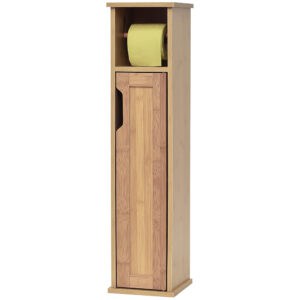 Slim bamboo bathroom storage cabinet with a built-in toilet paper holder, featuring a minimalist design ideal for small spaces.