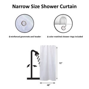Narrow shower curtain size diagram with 48x72 measurements and 8 grommets