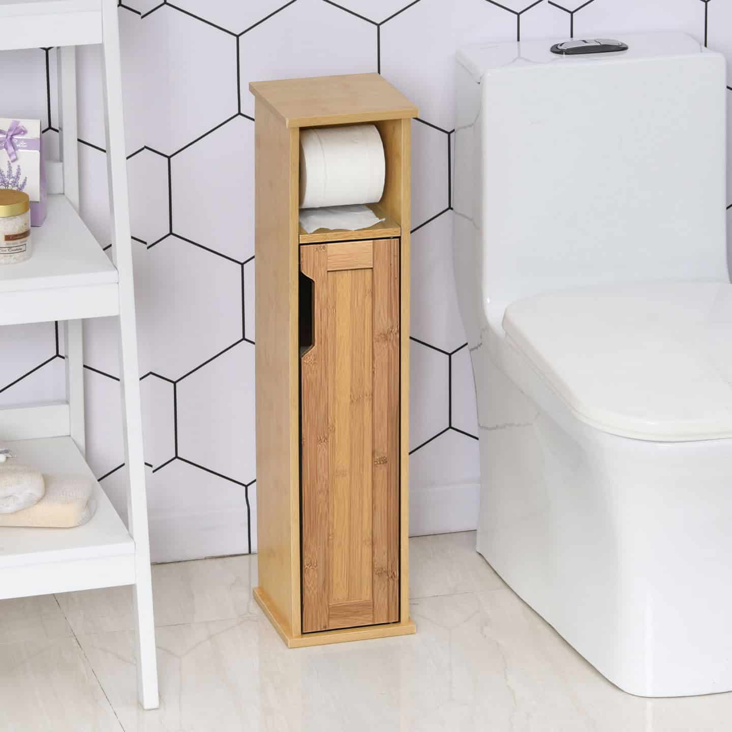 Compact bamboo storage cabinet placed beside a toilet in a bathroom, showcasing convenient toilet paper storage and space-saving functionality.