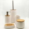 Bath D Collection Dolomite Round Toilet Bowl Brush and Holder White-Bamboo Top