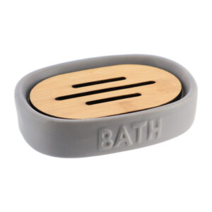 Bath D Soap Dish Cup Dispenser Grey and Bamboo Tray