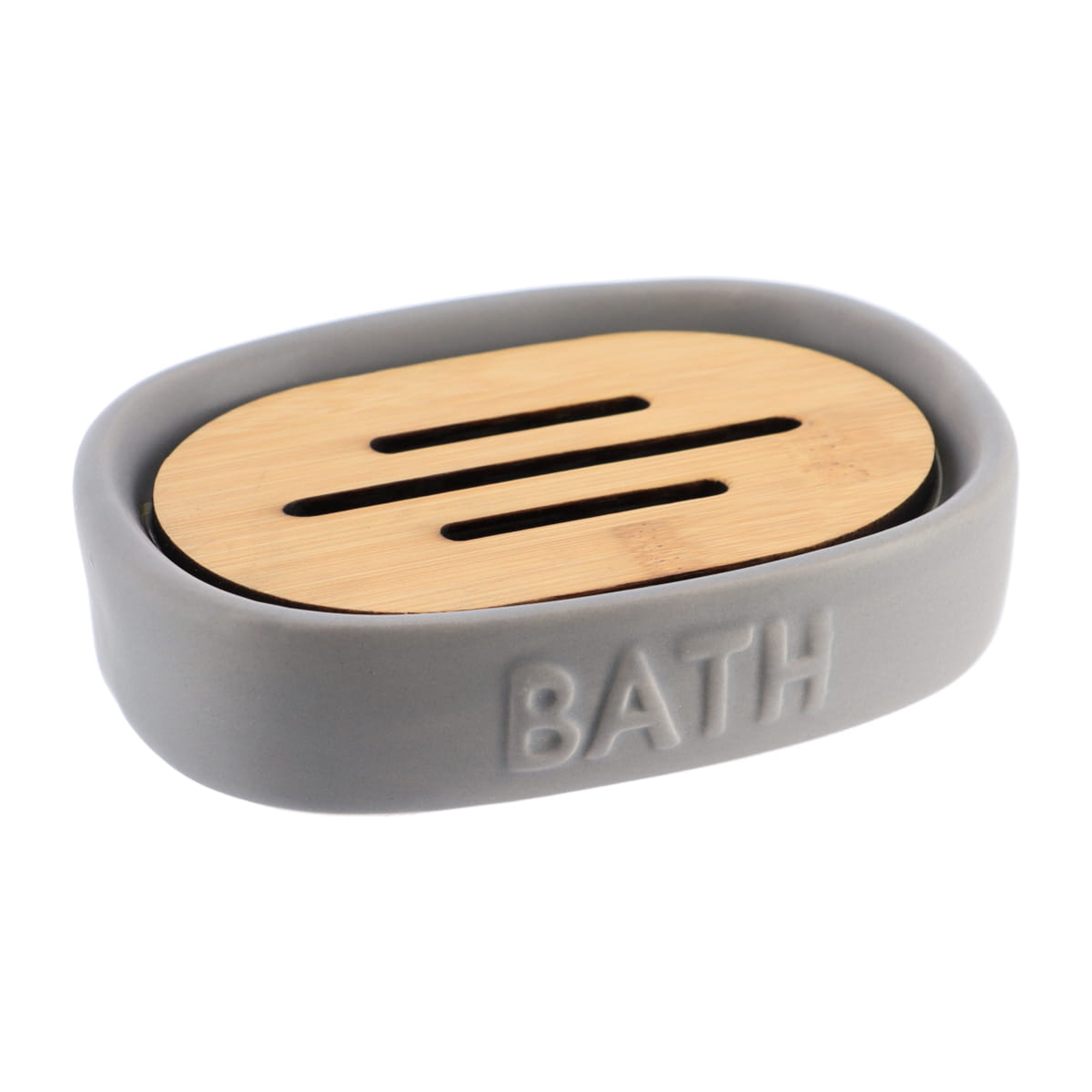 Bath D Soap Dish Cup Dispenser Grey and Bamboo Tray