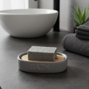 Soap bar resting on bamboo insert inside grey soap dish