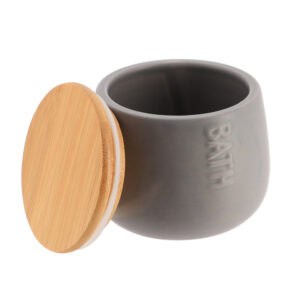 Gray cotton box with bamboo lid removed, showing interior