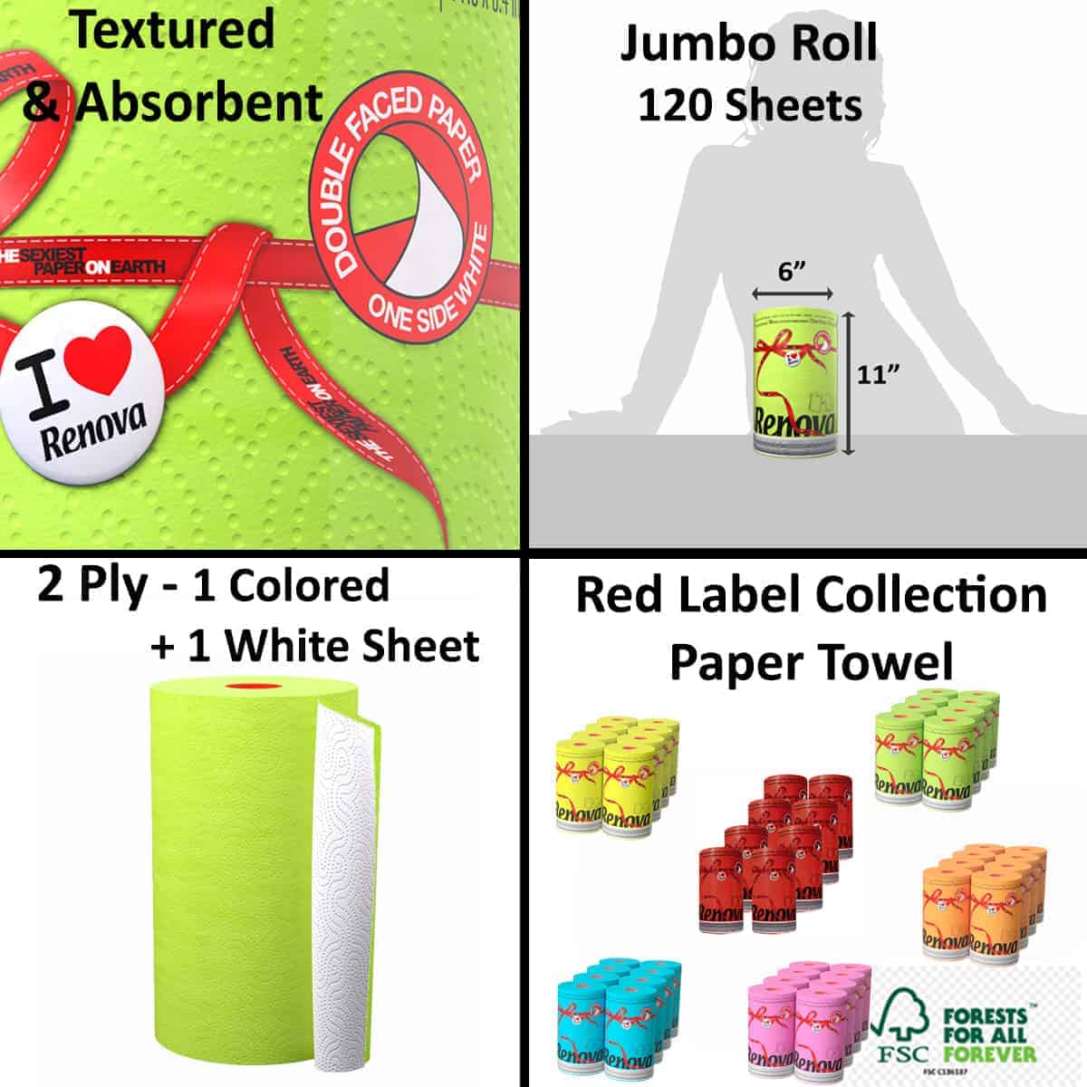 Renova Luxury Colored Paper Towel Jumbo Rolls 2-Ply-120 Sheets 