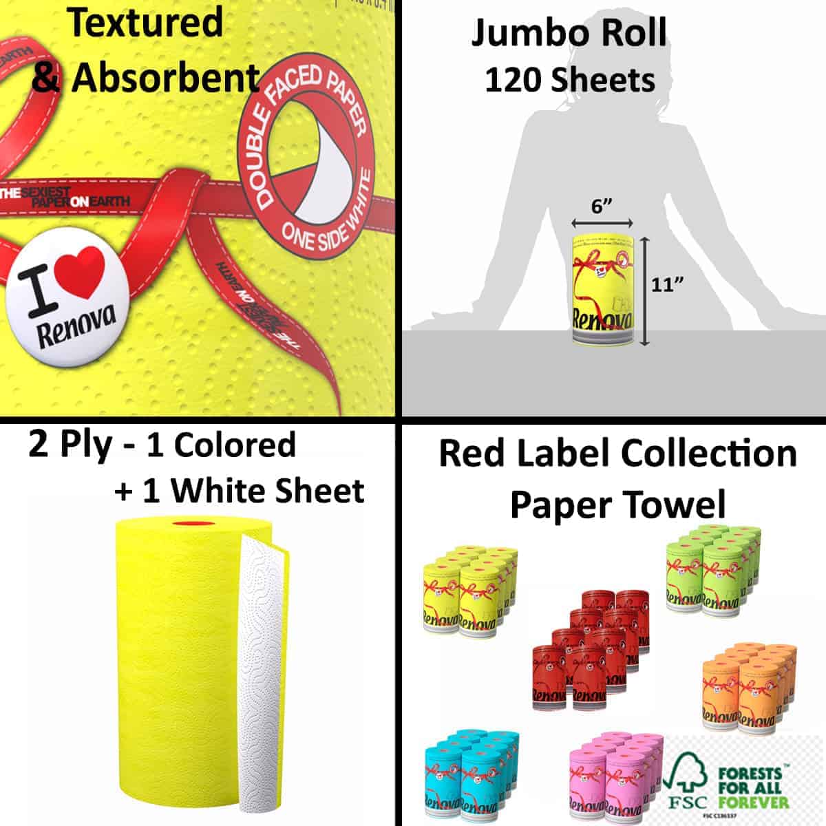 Renova Luxury Colored Paper Towel Jumbo Rolls 2-Ply-120 Sheets Set of 8