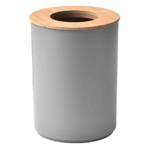Round Bath Floor Trash Can PADANG Waste Bin Bamboo Open Top Lid-Plastic 5-liters-1.3-gal Grey-Bamboo