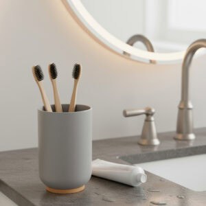 Gray bathroom tumbler holding toothbrushes on sink countertop