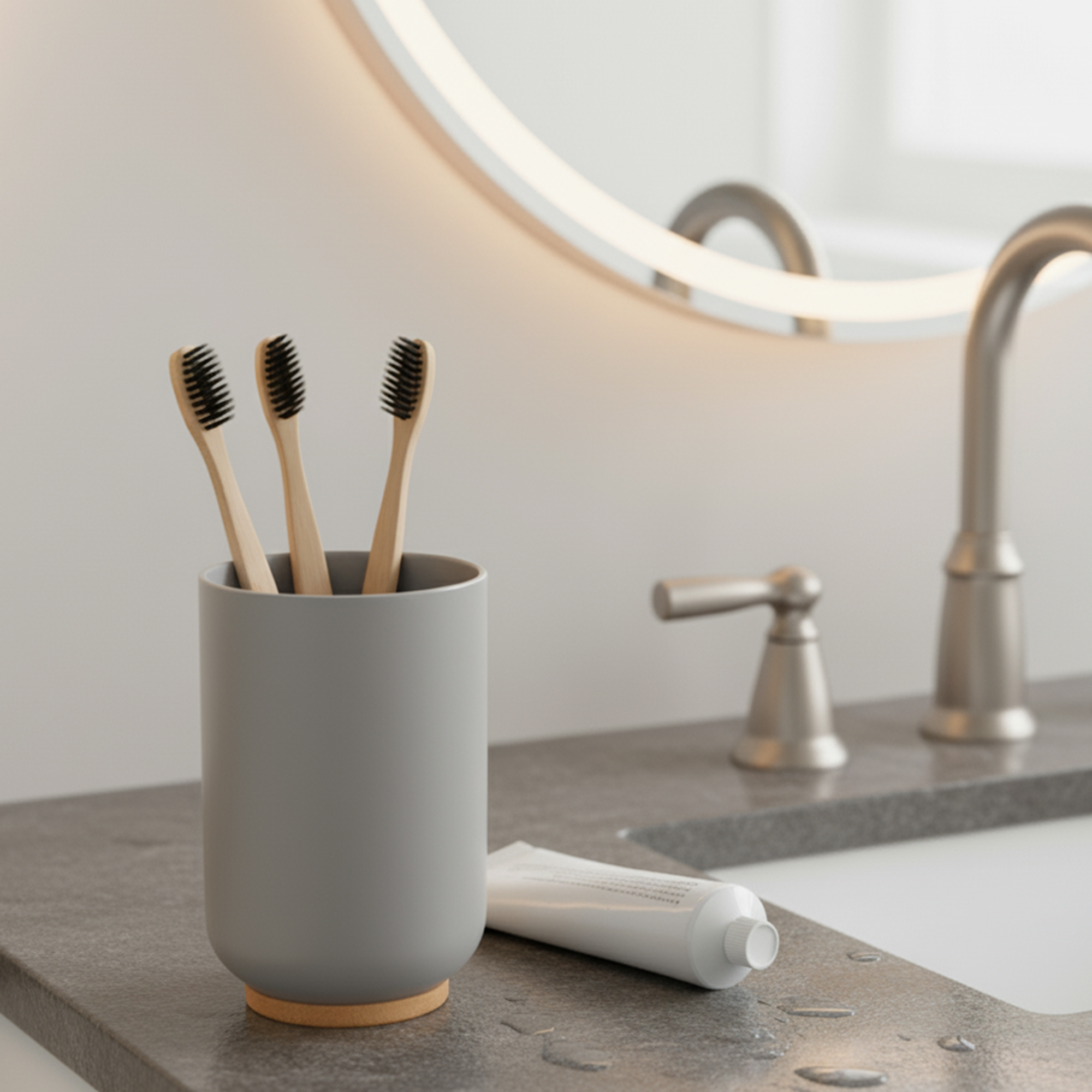 Gray bathroom tumbler holding toothbrushes on sink countertop