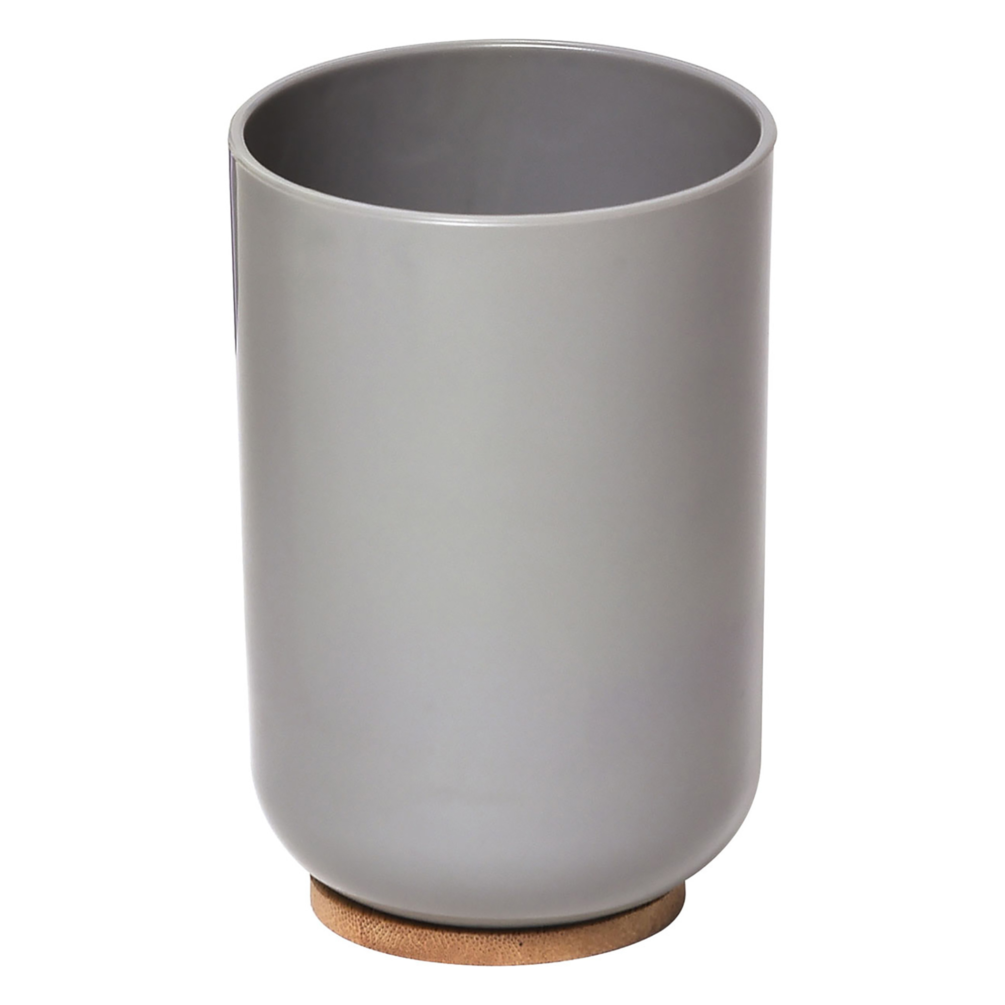 Gray tumbler cup with bamboo base on white background
