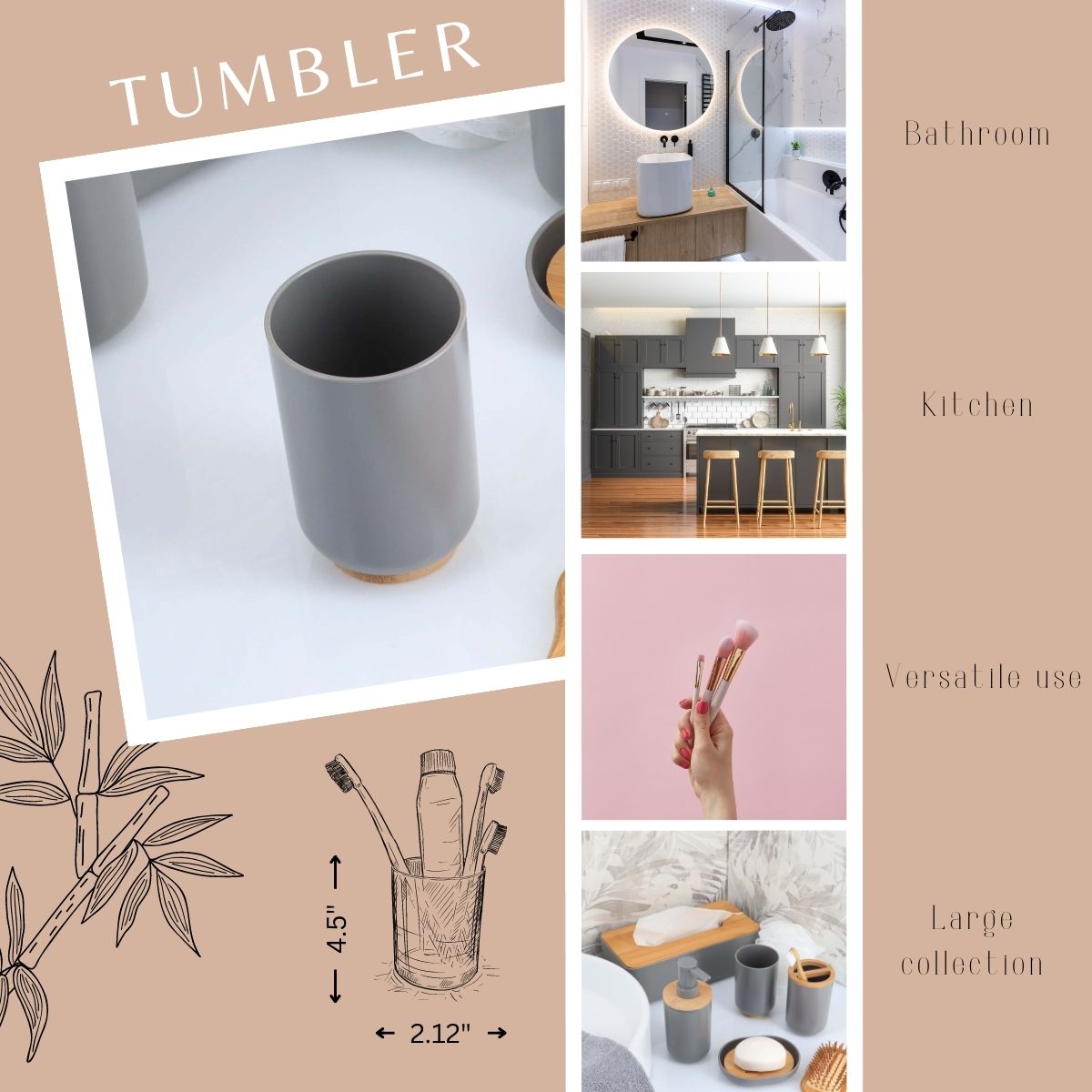 Gray bathroom tumbler size and use infographic collage