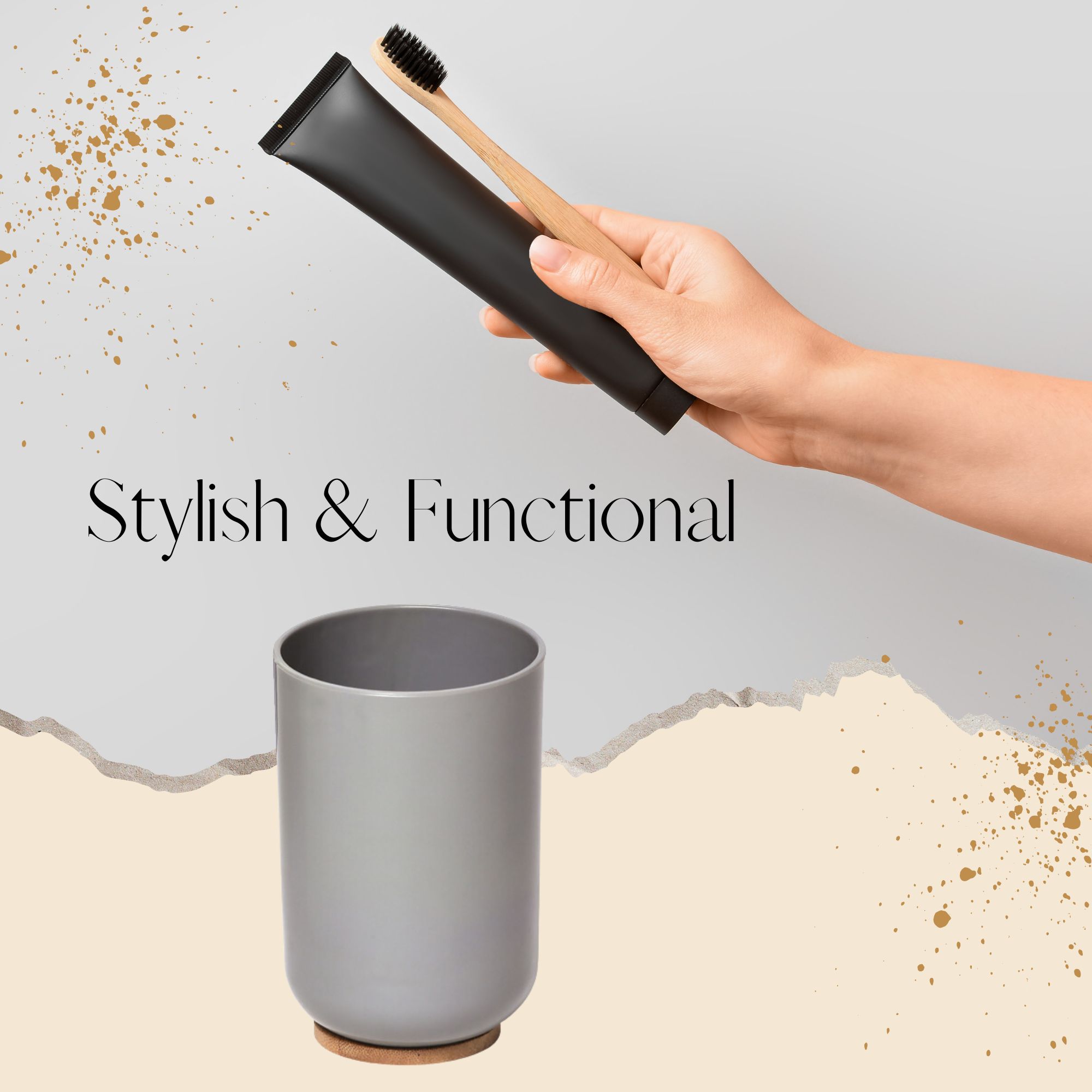 Gray tumbler cup with toothbrush and toothpaste graphic