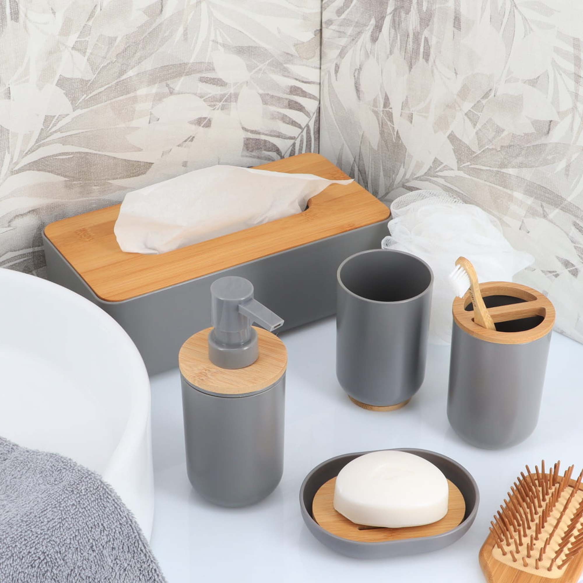 Gray bamboo bathroom accessories set on vanity
