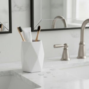 White faceted bathroom tumbler holding toothbrushes on vanity