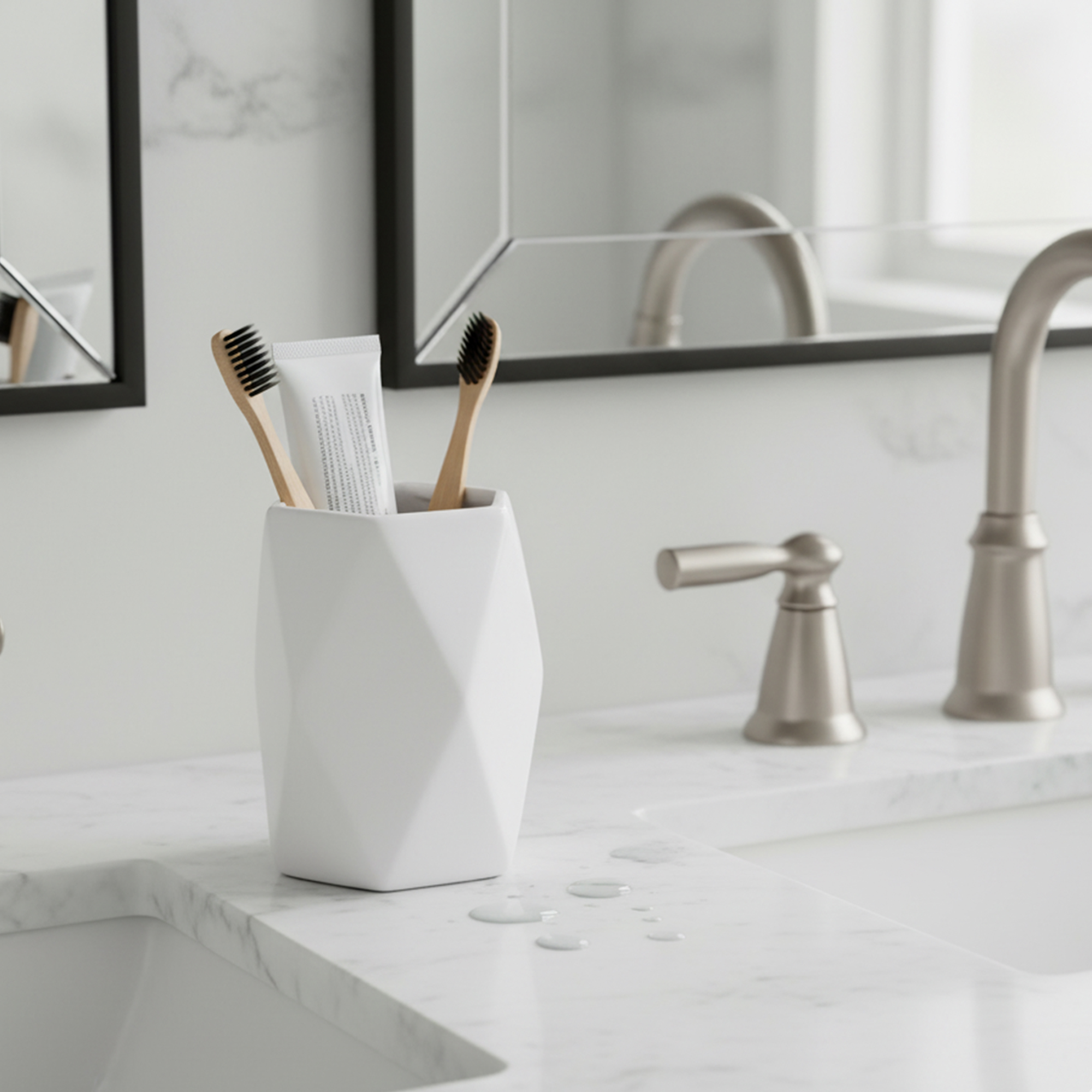 White faceted bathroom tumbler holding toothbrushes on vanity