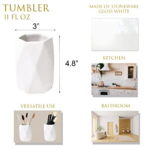 White stoneware bathroom tumbler with dimensions infographic
