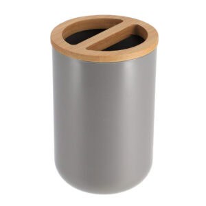 Gray cylindrical toothbrush holder with dual-slot bamboo lid