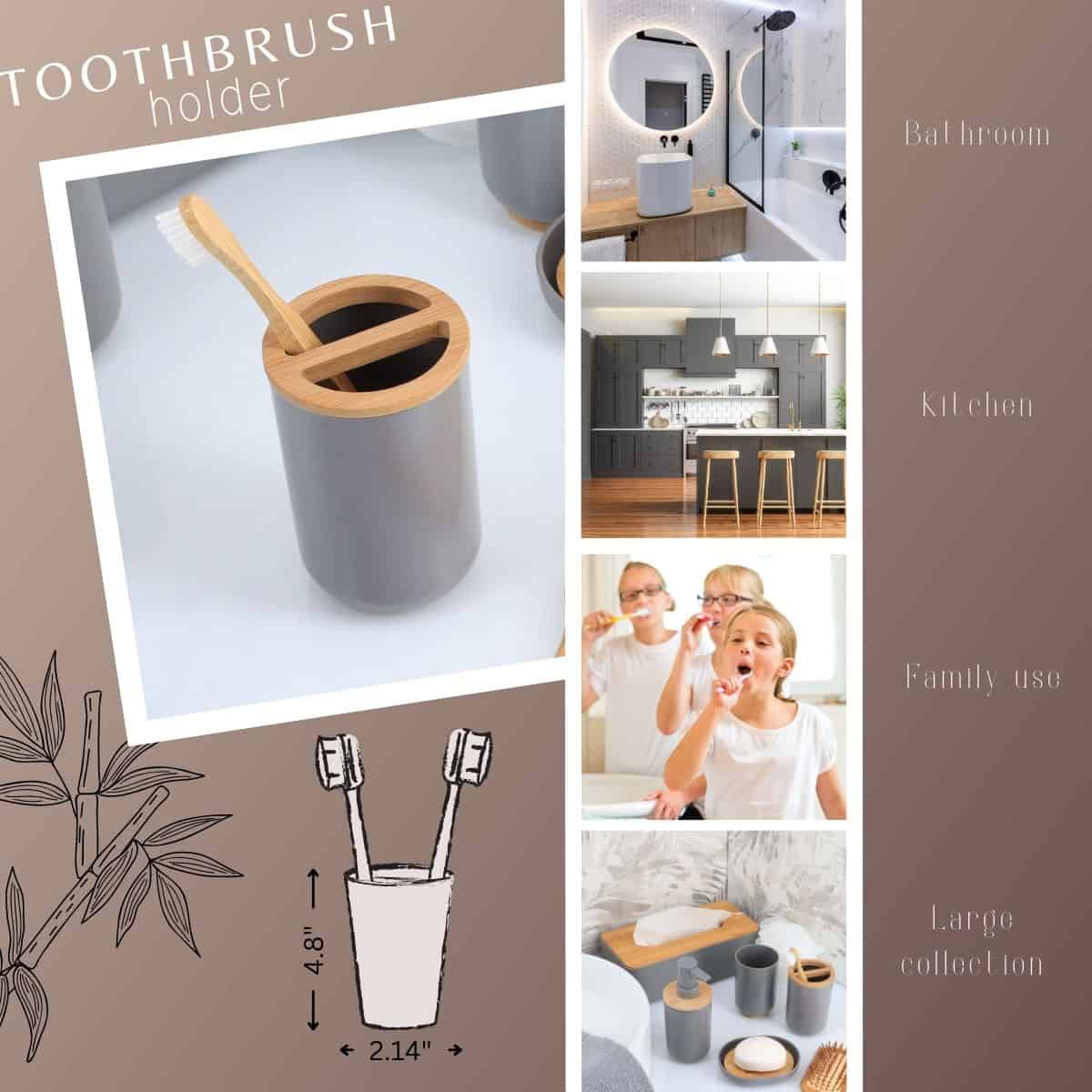 Toothbrush holder size diagram with bamboo top and gray body