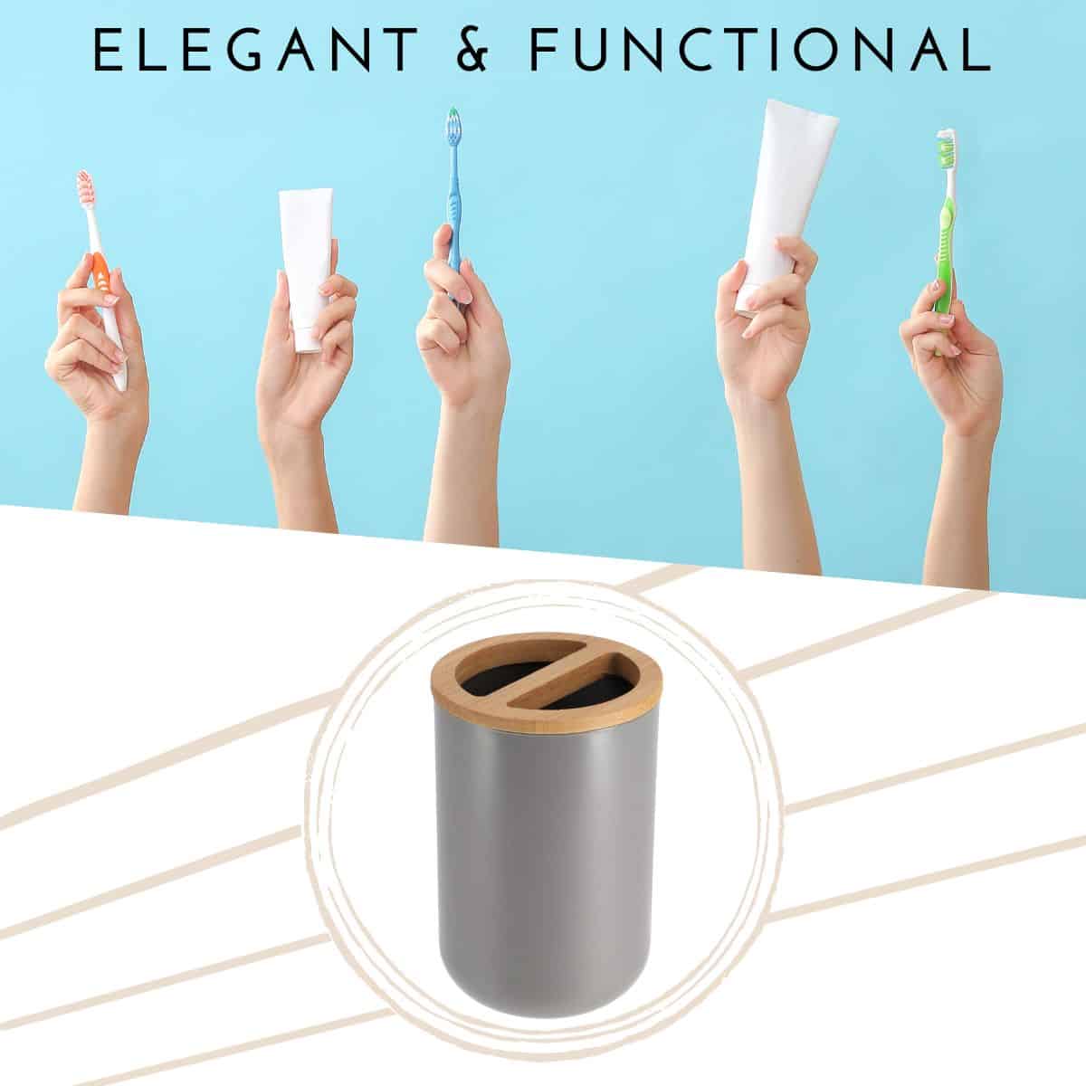Hands holding toothbrushes and toothpaste above gray bamboo holder