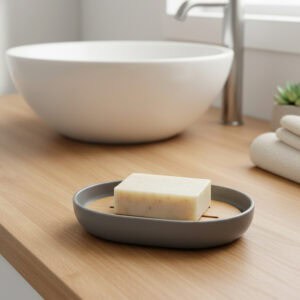 Modern black bathroom accessory collection with soap dish on vanity
