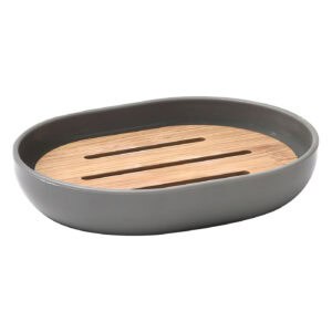 Oval gray soap dish with bamboo insert isolated on white background