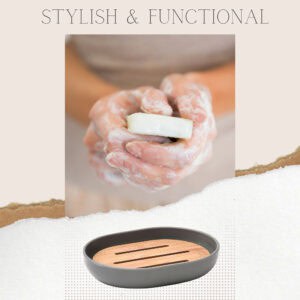 Graphic with hands washing soap above gray bamboo soap dish