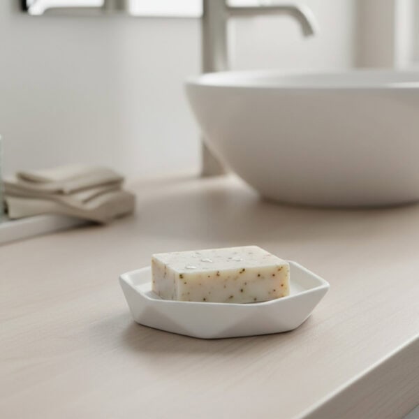 White stoneware soap dish with bar soap on bathroom counter