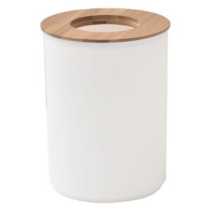 White waste basket with removable bamboo top on white background