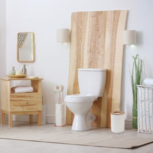 White bathroom trash can with bamboo top lifestyle room scene