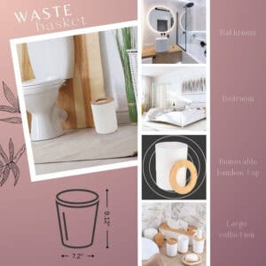 White waste basket with bamboo lid infographic with dimensions
