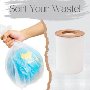 White trash can with bamboo top shown for waste sorting concept