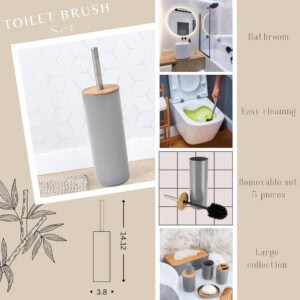 Product collage showing gray toilet brush with bamboo lid, dimensions, lifestyle bathroom photos, and coordinating accessories