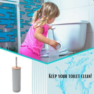Child in pink dress cleaning toilet with gray toilet brush featuring bamboo lid, product image inset below