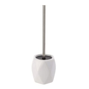 White diamond-shaped stoneware toilet brush holder with stainless steel handle on white background