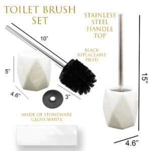 Product diagram showing white diamond stoneware toilet brush set with dimensions and black replaceable brush head