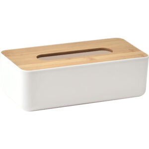 White rectangular tissue box cover with bamboo top and oval tissue opening on white background