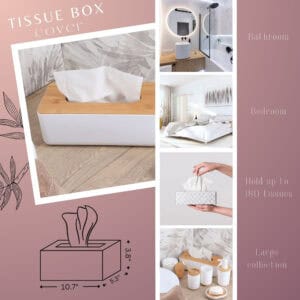 Tissue box cover product collage showing bathroom and bedroom uses, holds up to 180 tissues