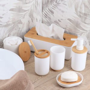 Complete white and bamboo bathroom accessory set with tissue box, soap dispenser, cotton holders, and soap dish