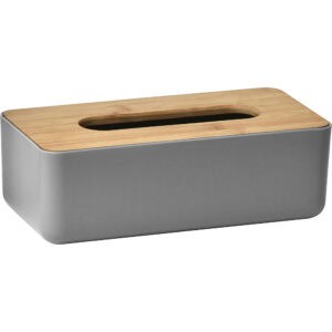 Gray rectangular tissue box cover with bamboo top and oval tissue opening on white background