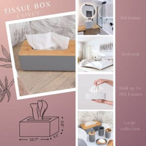 Gray tissue box cover product collage showing bathroom and bedroom uses, holds up to 180 tissues