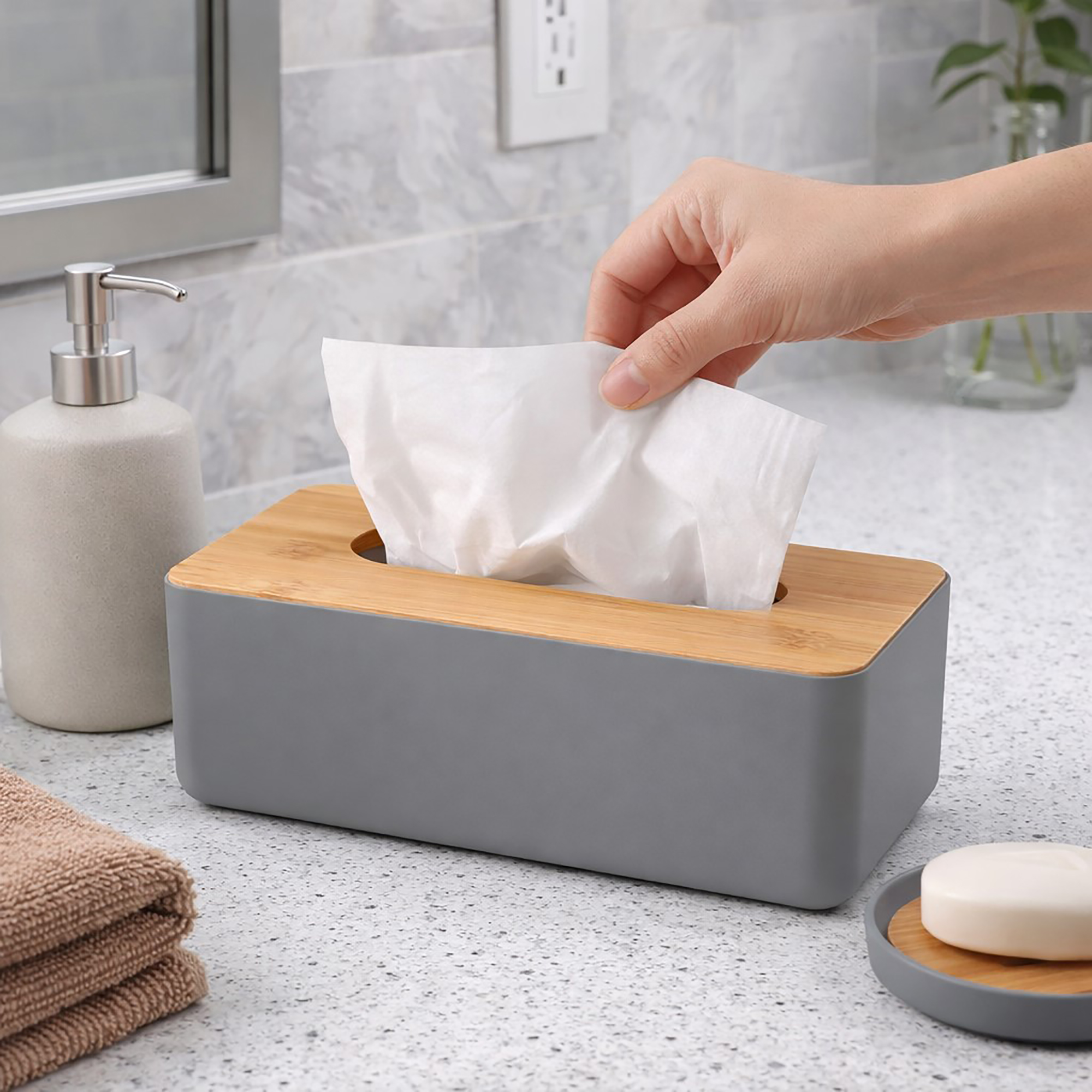 Hand pulling tissue from gray rectangular tissue box with bamboo lid on bathroom counter