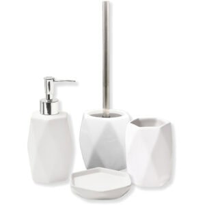2. “Four-piece white diamond bath set including dispenser, brush holder, tumbler, and soap dish”