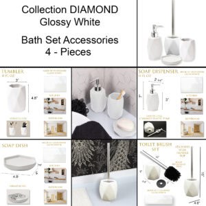 5. “Diamond Collection white bathroom set infographic with measurements and features”
