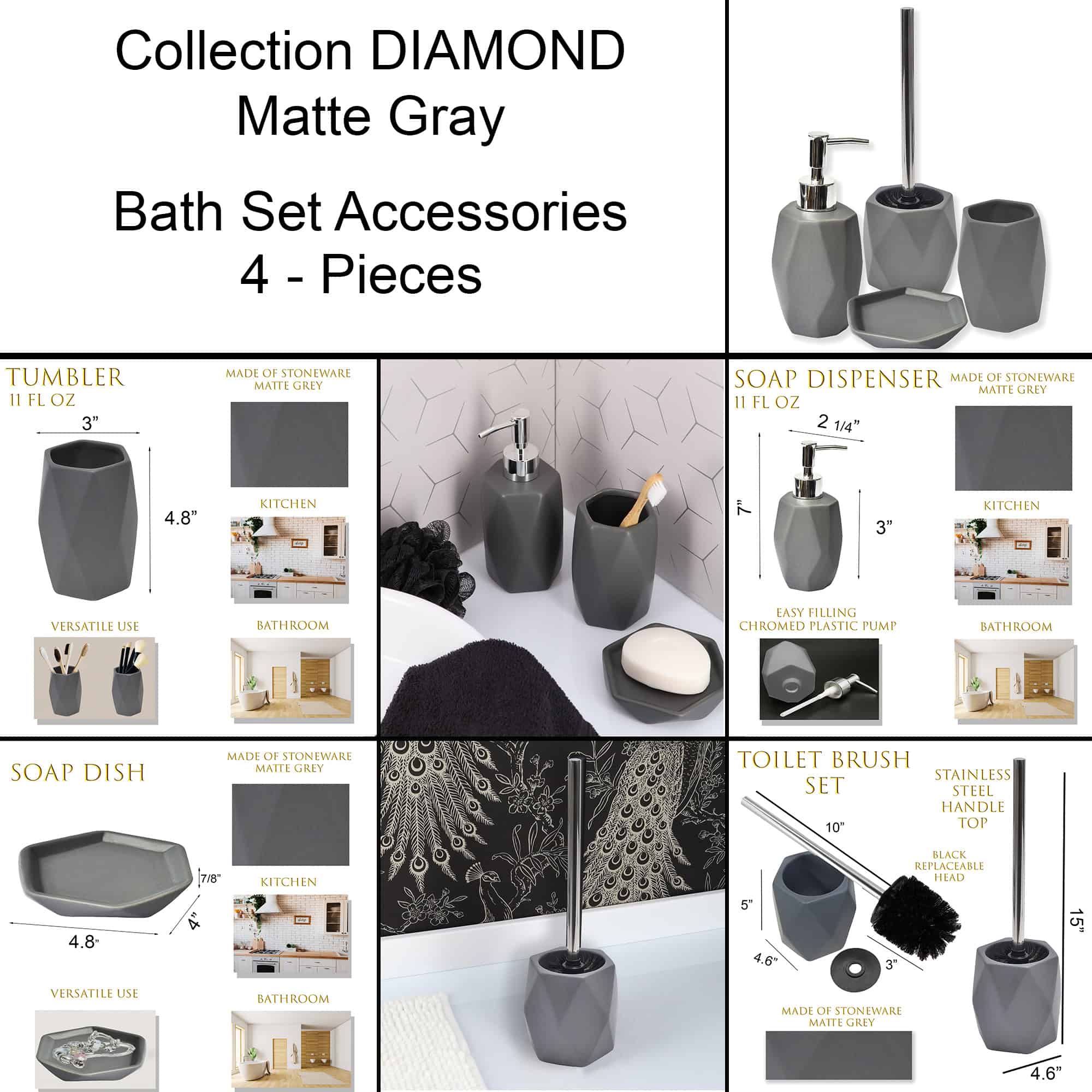 Infographic showing dimensions and features of the gray 4-piece bathroom accessory set